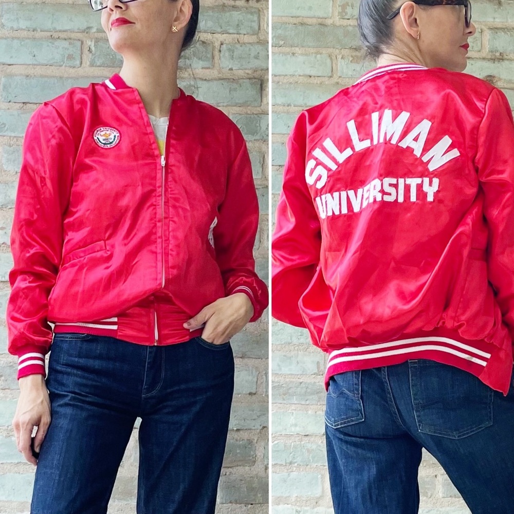 Vintage Bomber Jacket Red Satin 80s Silliman University Philippines College